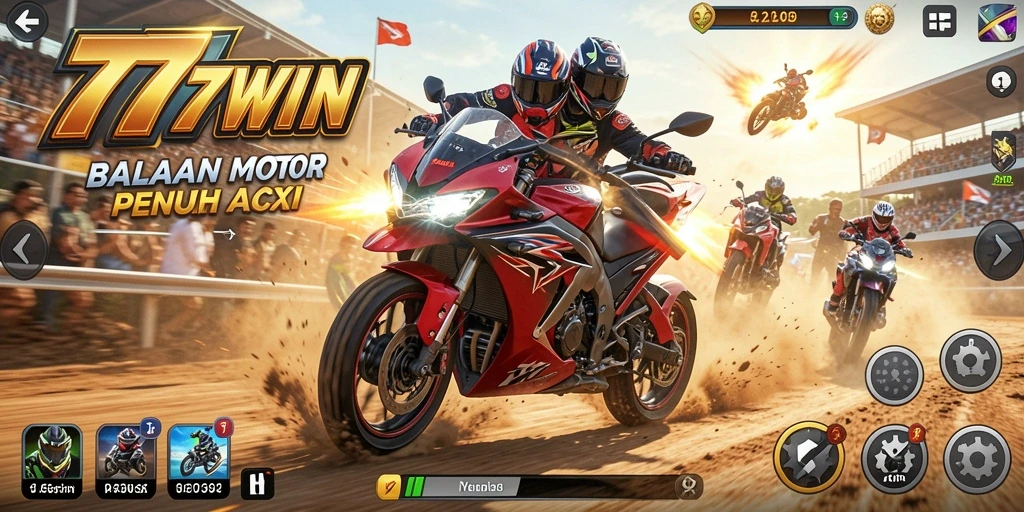Screenshot gameplay 777WIN menunjukkan aksi balapan motor yang mendebarkan.
